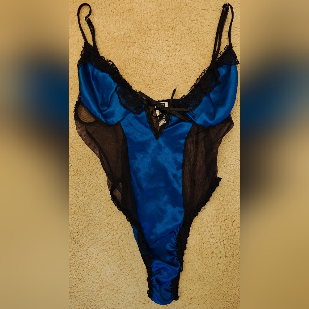 Vintage 80s Midnight Hour Blue Satin & Black Mesh & Lace Teddy Bodysuit Lingerie